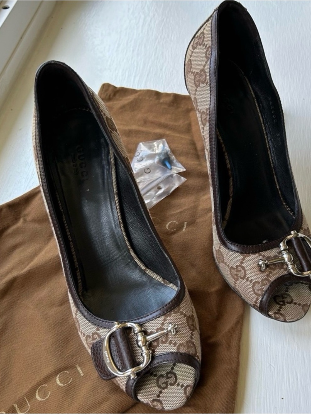 Gucci Brown Monogram Canvas Peep-Toe Pumps with Buckle